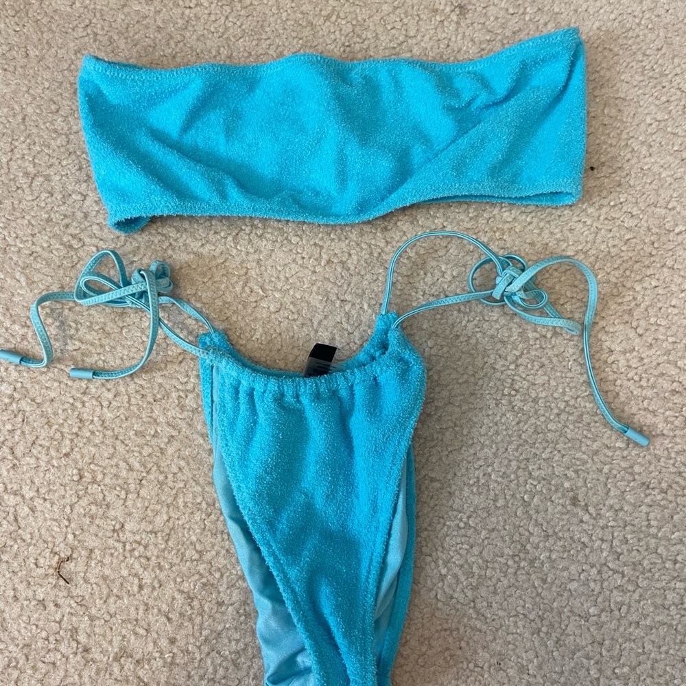 blue fluffy triangl bikini top small plus bottoms medium